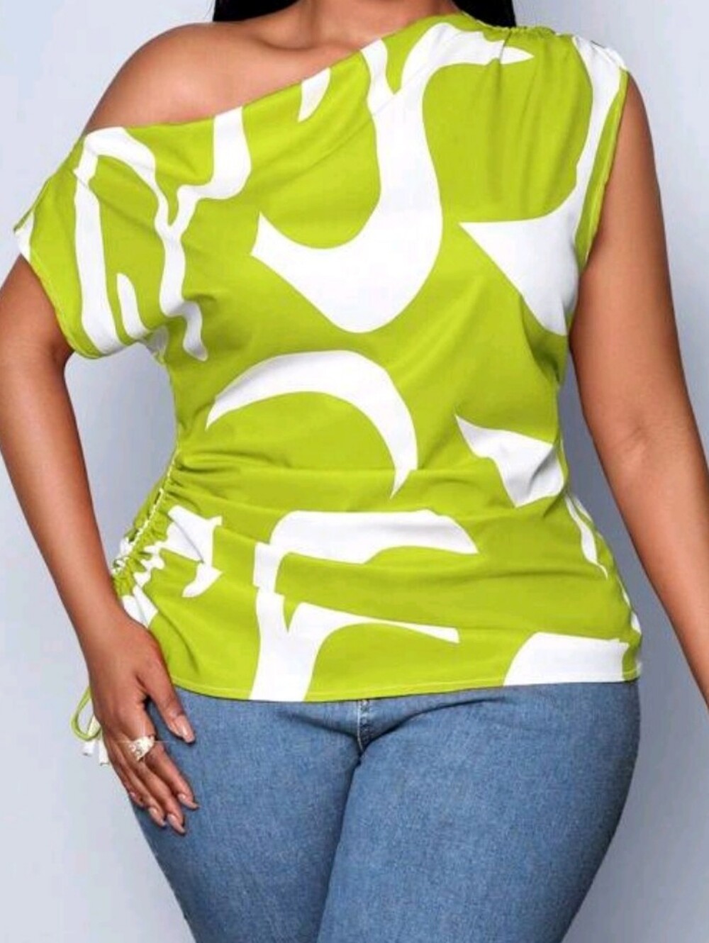 SHEIN Lime Green One-Shoulder Abstract Print Tunic
